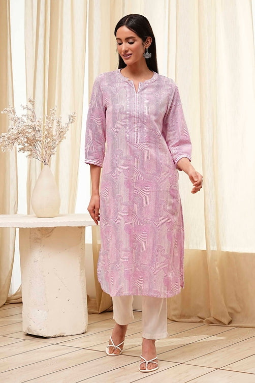Pink Cotton Printed Straight Kurta