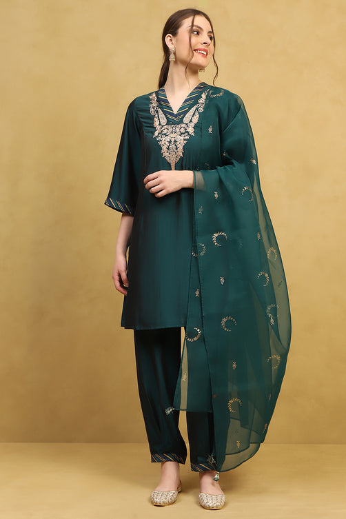Deep Green Polyester Blend Embroidered A-Line Suit Set