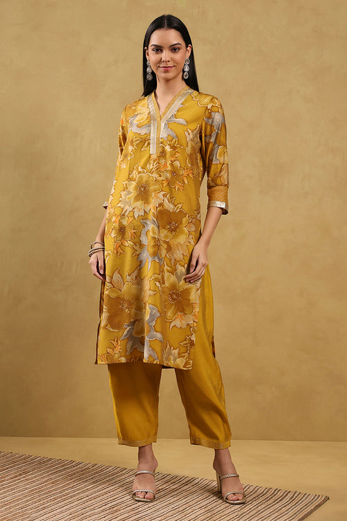 Mustard Viscose Blend Printed Straight Suit Set
