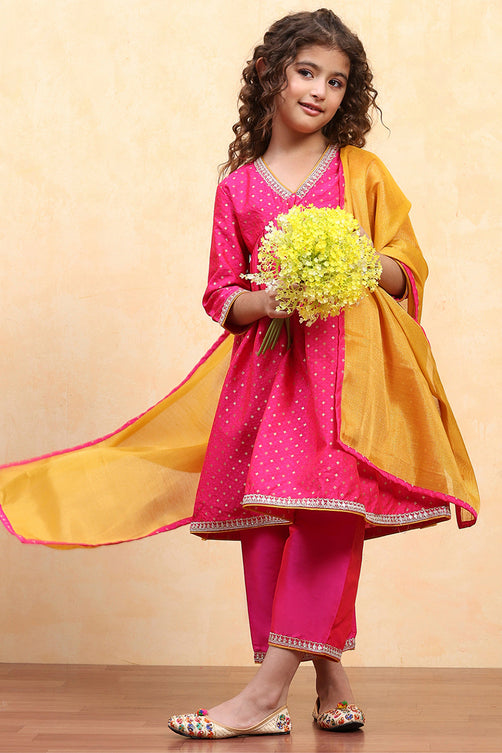 Pink Polyester Yarndyed Gathered Suit Set