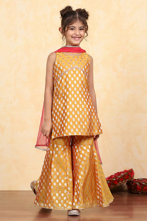 Yellow Brocade Yarndyed Fitted Sharara Suit Set