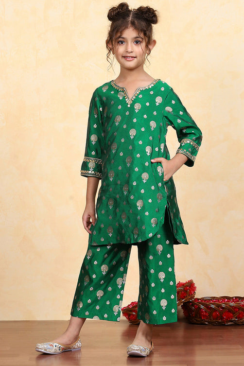 Green Polyester Yarndyed Fitted Kurta Pants Set