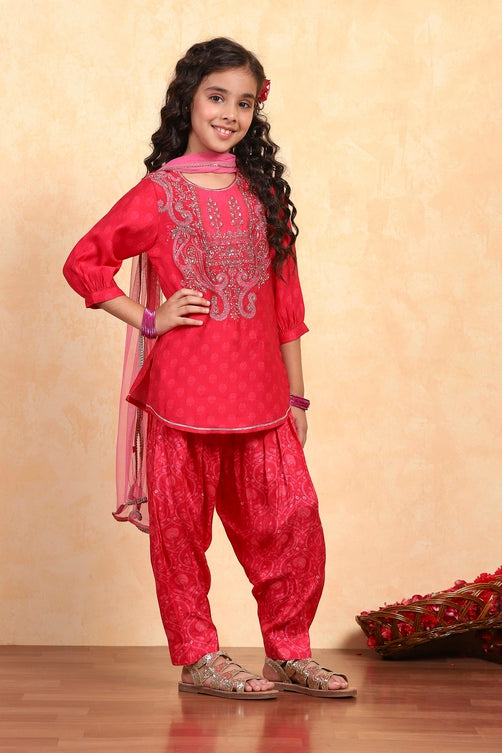 Pink Cotton Blend Printed Straight Suit Set