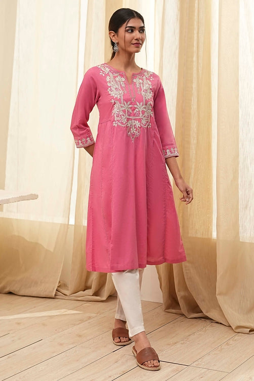 Pink Cotton Embroidered A-Line Kurta