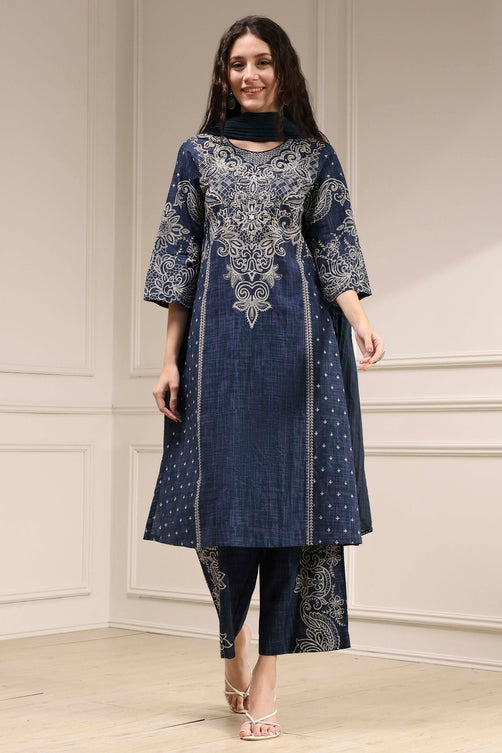 Blue Pure Cotton Printed Straight Suit Set