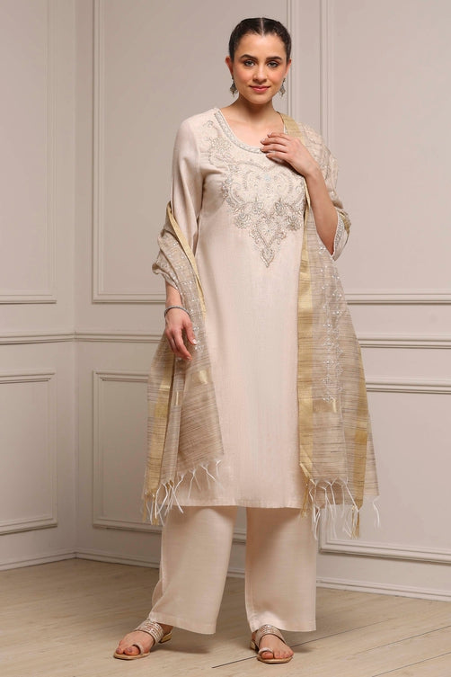Beige Polyester Blend Straight Dyed Suit Set