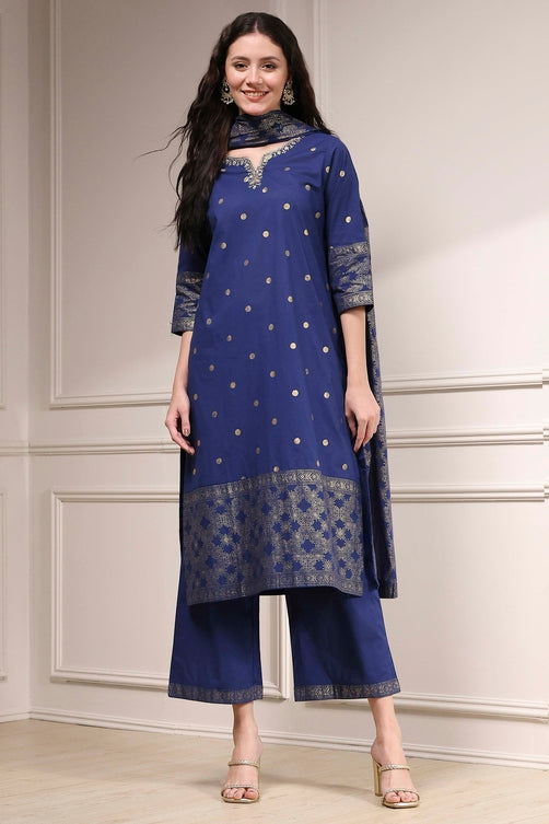 Blue Cotton Printed Straight Suit Set