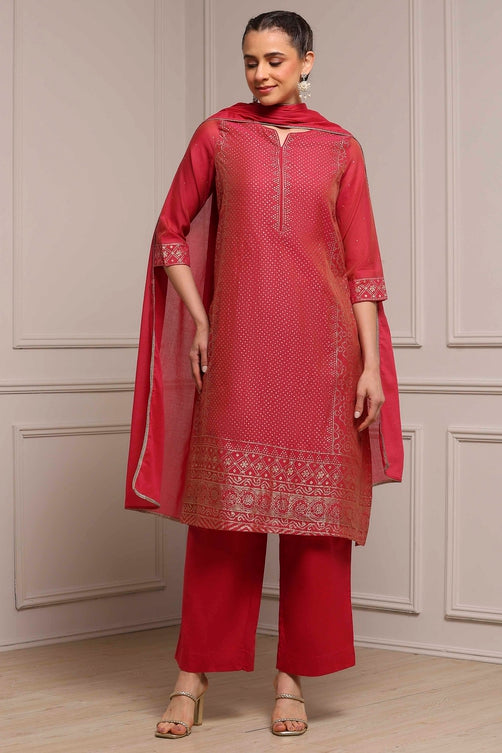 Pink Cotton Blend Printed Straight Suit Set