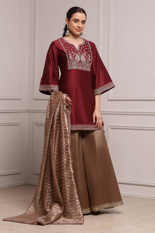 Maroon and Gold-Toned Cotton Silk Blend Sharara Suit Set