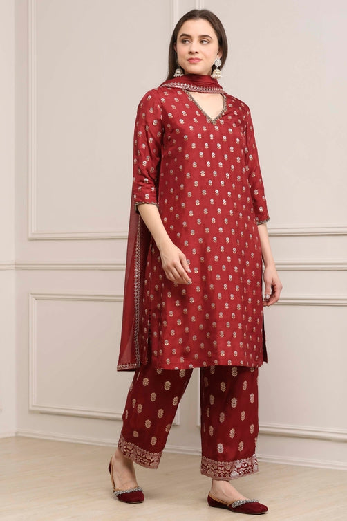 Purple/Maroon Viscose Dupion Printed Straight Suit Set