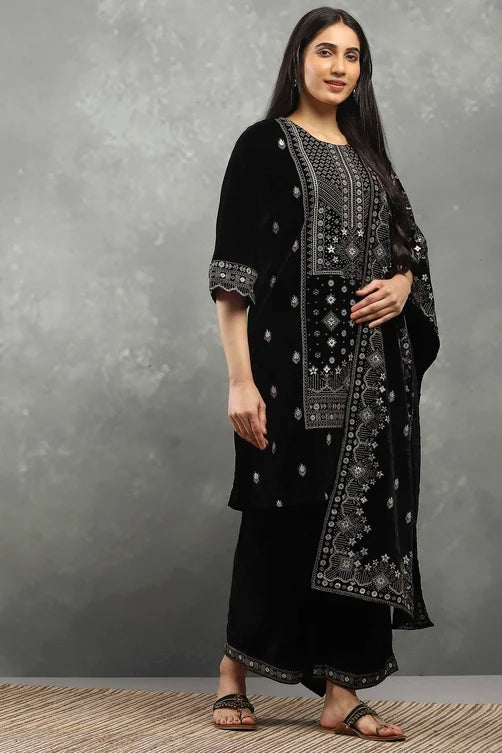 Black Polyester Printed Straight Suit Set