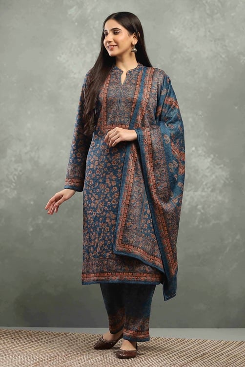 Teal Polyester Printed Straight Suit Set