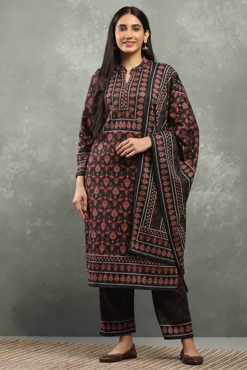Black Polyester Printed Straight Suit Set