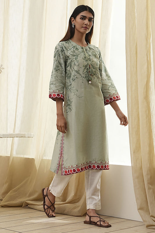 Green Cotton Floral Straight Kurta