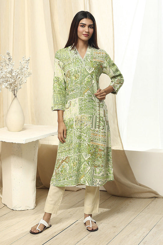 Green Printed Straight Kurta