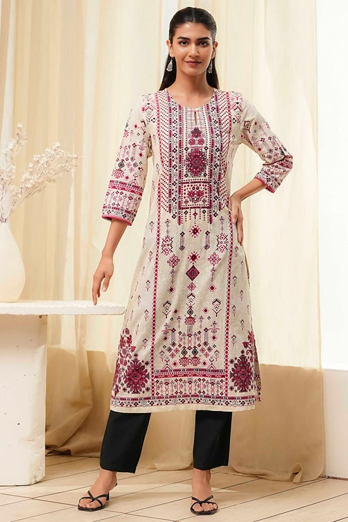 Off-White and Pink Cotton Straight Kurta