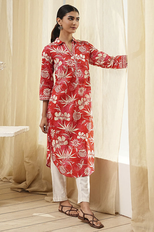 Red Pure Cotton Floral Straight Kurta