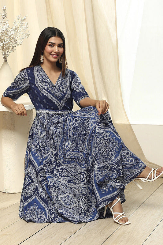 Indigo Cotton Printed Flared Wrap Dress