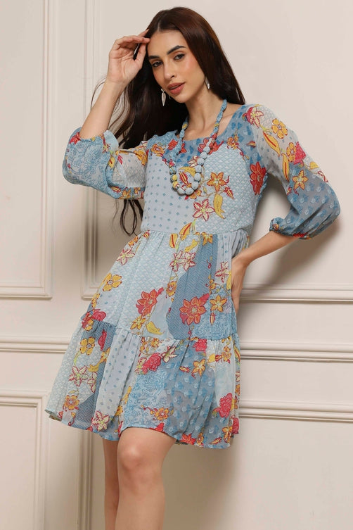 Blue Polyester Tiered Dress