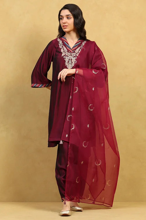 Wine Polyester Blend Embroidered A-Line Suit Set