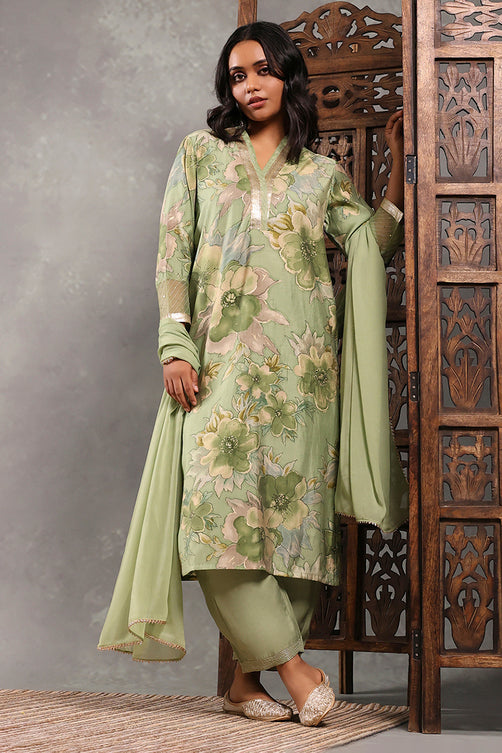 Sea Green Viscose Blend Printed Straight Suit Set