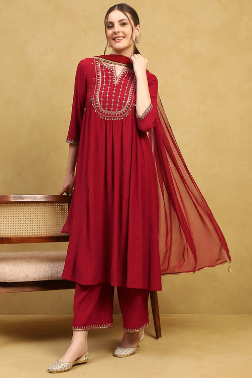 Red Viscose Blend Embroidered Flared Suit Set
