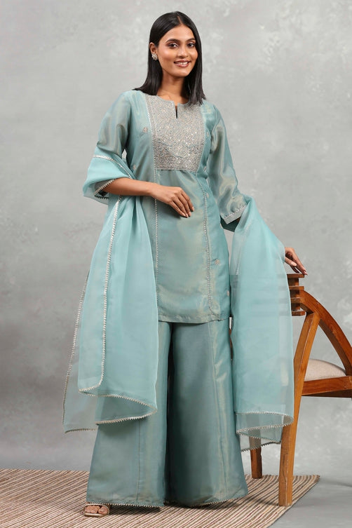 Dust Blue Tissue Solid Straight Suit Set
