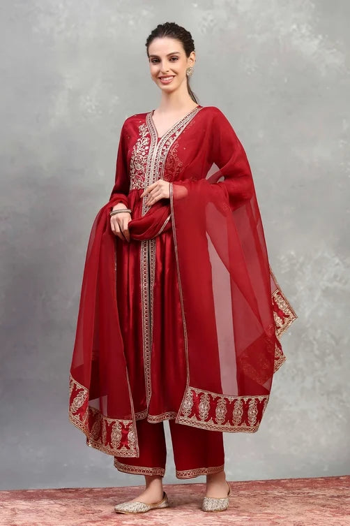 Red Viscose Rayon Embroidered Gathered Suit Set