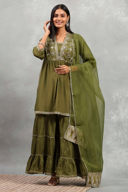 Green Viscose Rayon Solid Gathered Sharara Suit Set
