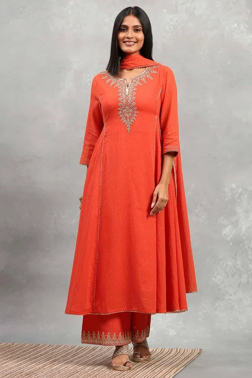 Orange Cotton Printed Kalidar Suit Set