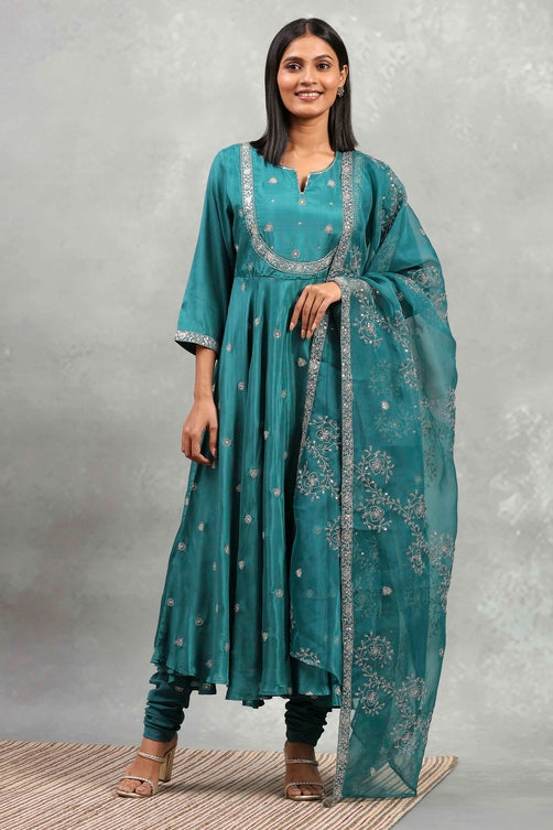 Teal Green Viscose Rayon Embroidered Anarkali Suit Set