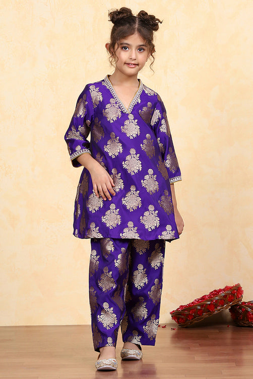 Purple Polyester Textured Flared Kurta Pants Set