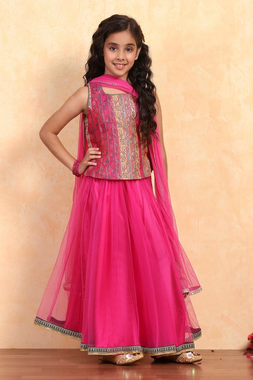 Pink Polyester Yarndyed Fitted Lehenga Set