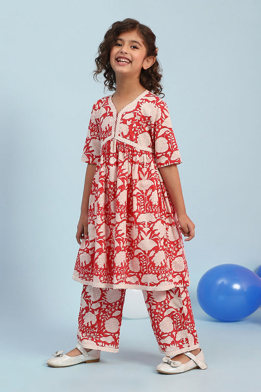 Red Cotton Floral Gathered Kurta Set