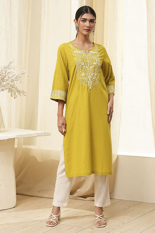 Green Pure Cotton Embroidered Straight Kurta
