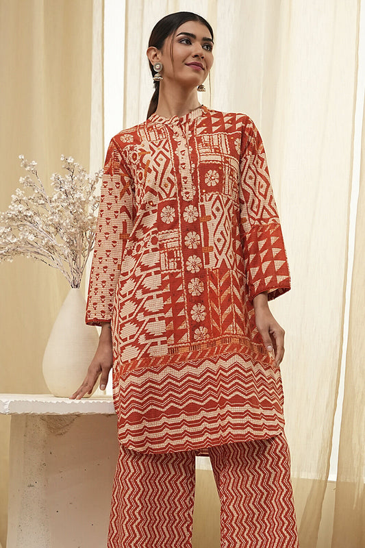 Rust Pure Cotton Printed Kurta Set