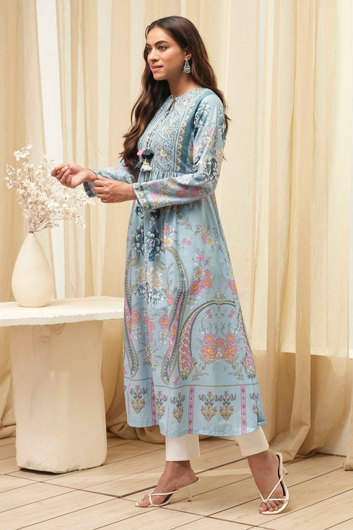 Dull Blue Cotton Printed Flared Kurta