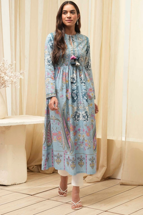 Dull Blue Cotton Printed Flared Kurta