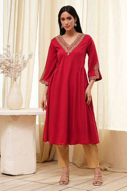 Red Cotton Solid A-Line Kurta