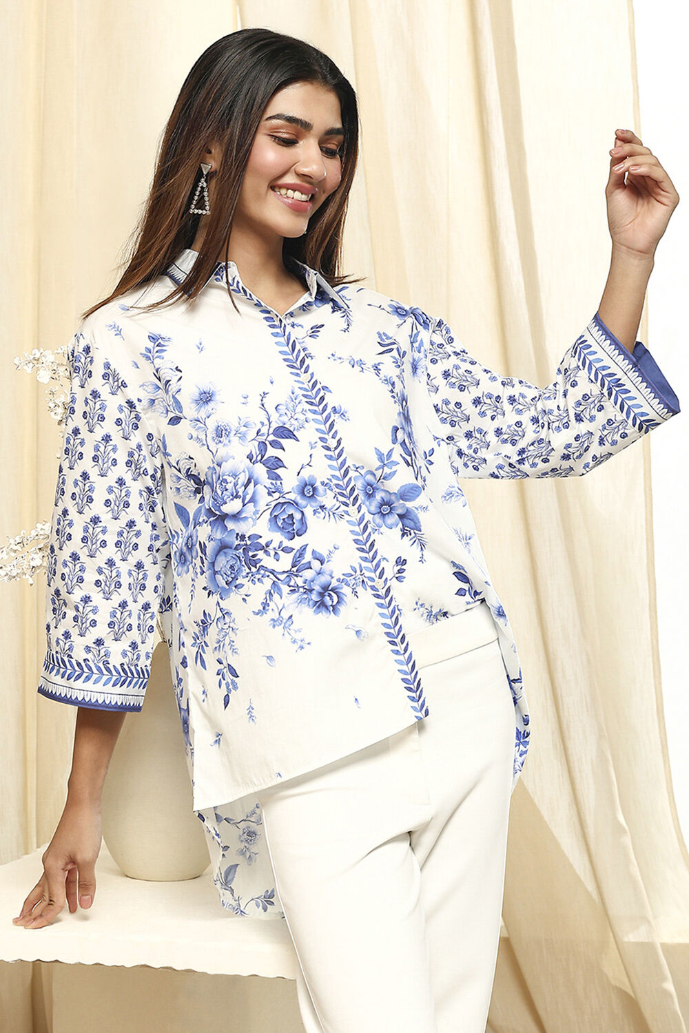 White and Blue Cotton High-Low Straight Shirt