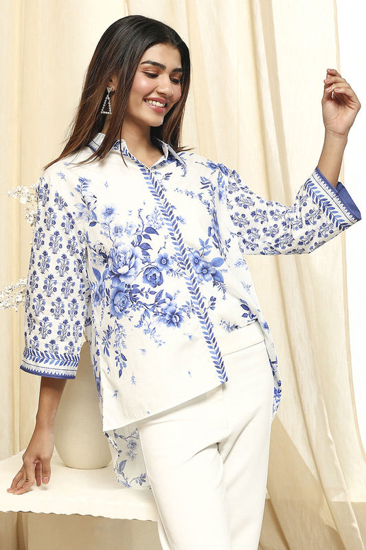 White and Blue Cotton High-Low Straight Shirt