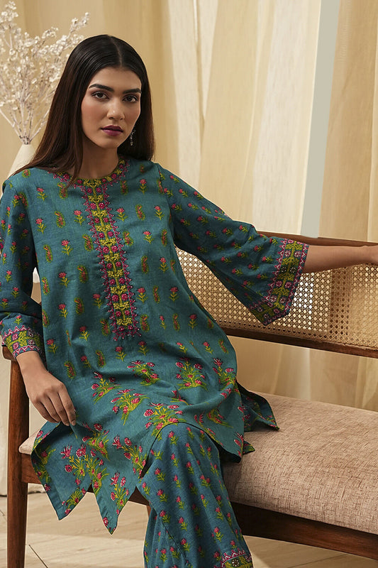 Teal Cotton Printed Straight Kurta Set