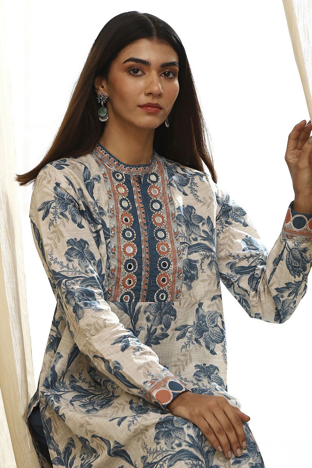 Beige and Teal Pure Cotton Straight Kurta Set