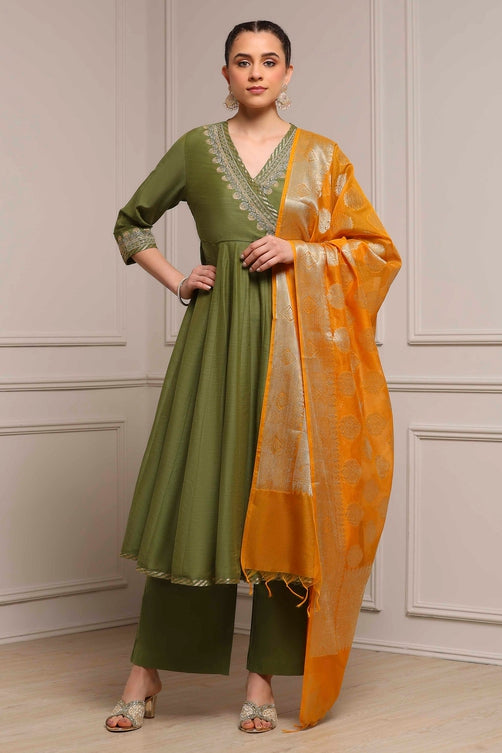 Green Embroidered Angrakha Festive Anarkali Suit Set