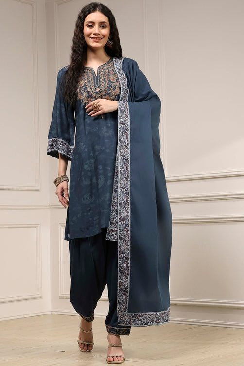 Teal Blue Printed Straight Suit Set