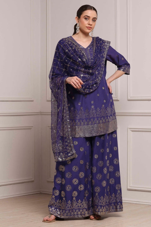 Purple Cotton Metallic Pattern Sharara Suit Set