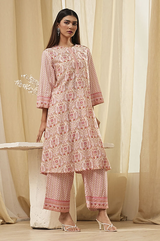 Off-White and Pink Cotton Straight Kurta Set
