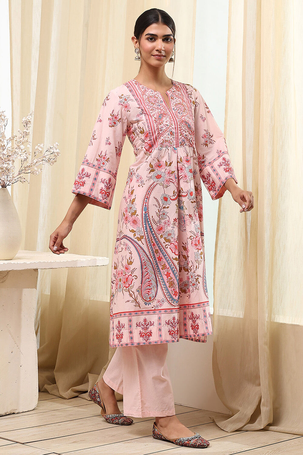 Peach-Colored Cotton Floral A-Line Kurta Set