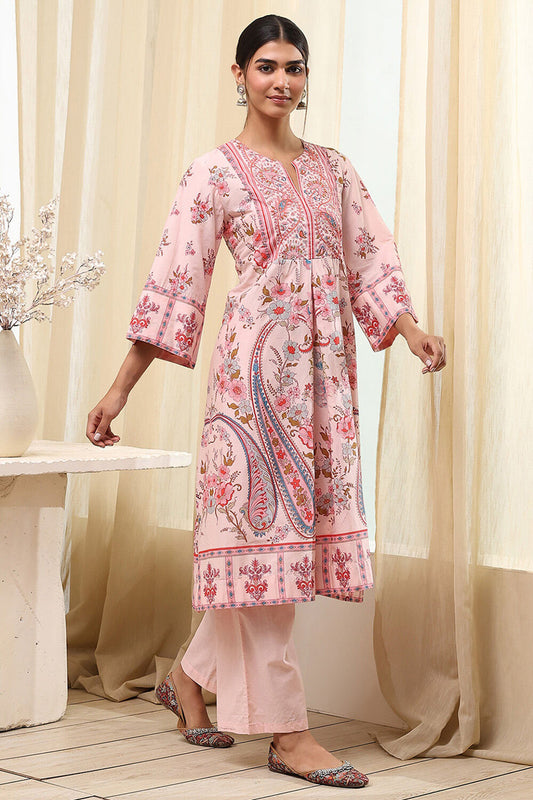 Peach-Colored Cotton Floral A-Line Kurta Set