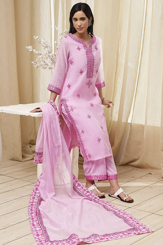 Pink Embroidered Straight Suit Set